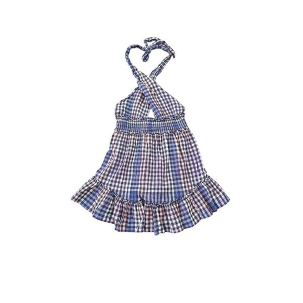 Aerie Halter Mini Dress Blue Pink Gingham‎ Plaid Smocked Waist Ruffle Hem Medium
